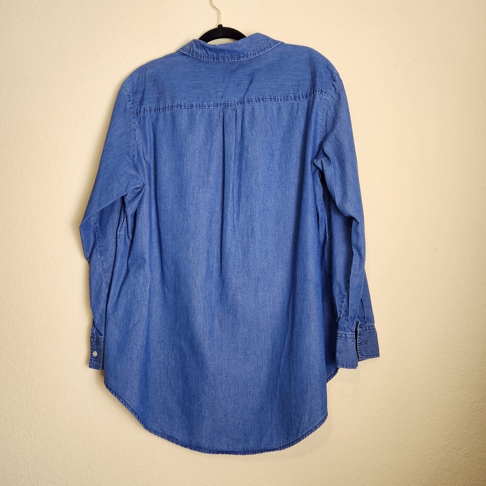Cotton blue jean denim button down shirt rolled sleeves Size 1X (16W) - Picture 3 of 5